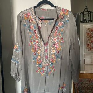 Johnny Was grey silk blouse with colored embroidered flowers